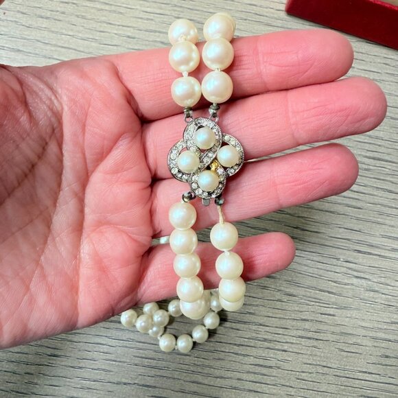 Vintage Double Strand Faux Pearl Necklaces with Rhinestone Clasp - Picture 2 of 11